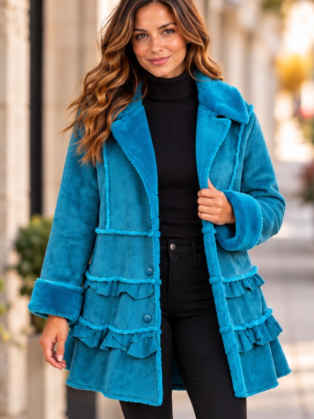 Teal Ruffle Faux-Shearling Ski Jacket